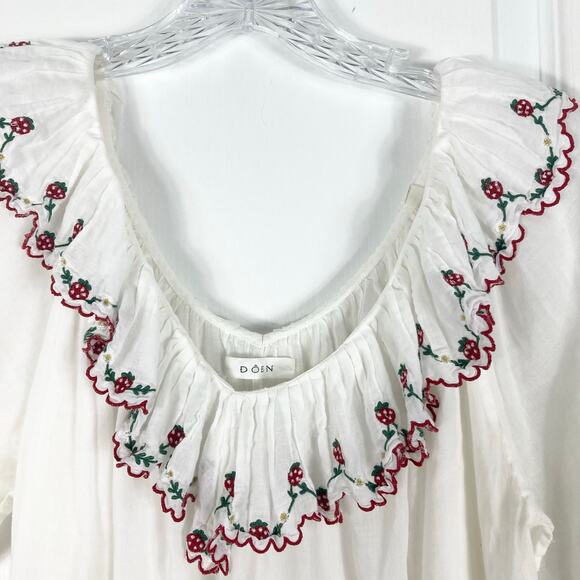 Nwot DOEN Dress XXS White Red-Strawberry Embroidery Ruffle Balloon-1/2Slv Cotton - Picture 6 of 10